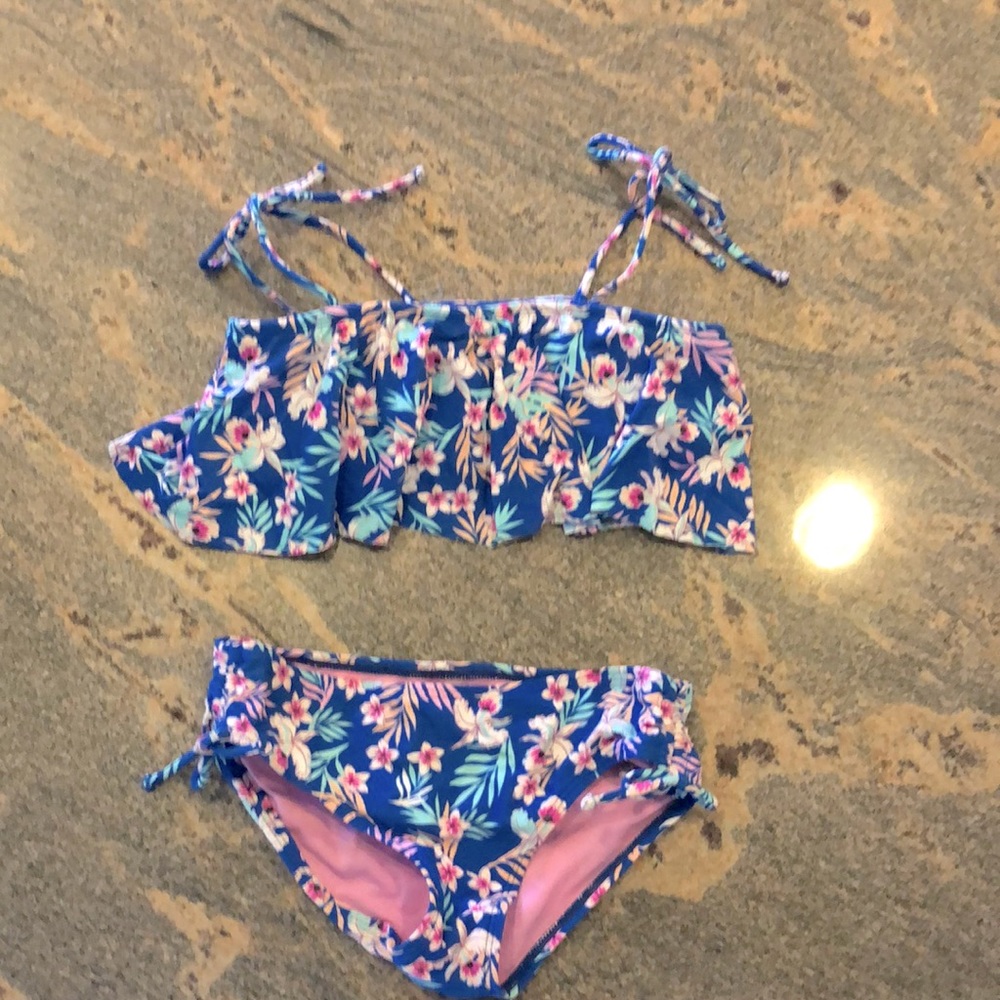 Tropical blue pink white and orange bathing suit